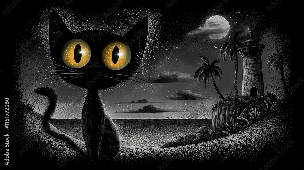 Poster a black cat with yellow eyes stands in front of a lighthouse with a full moon and palm tree in the b
