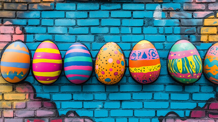 Pop art comic street graffiti with collection of colorful painted striped easter eggs on colorful brick wall.
