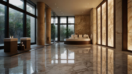 Obraz premium Luxurious spa interior with marble flooring, modern design, and serene atmosphere. space features elegant seating and large windows for natural light