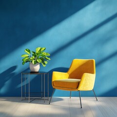 Blue Room Featuring Yellow Chair and Plant for Modern Interior Design