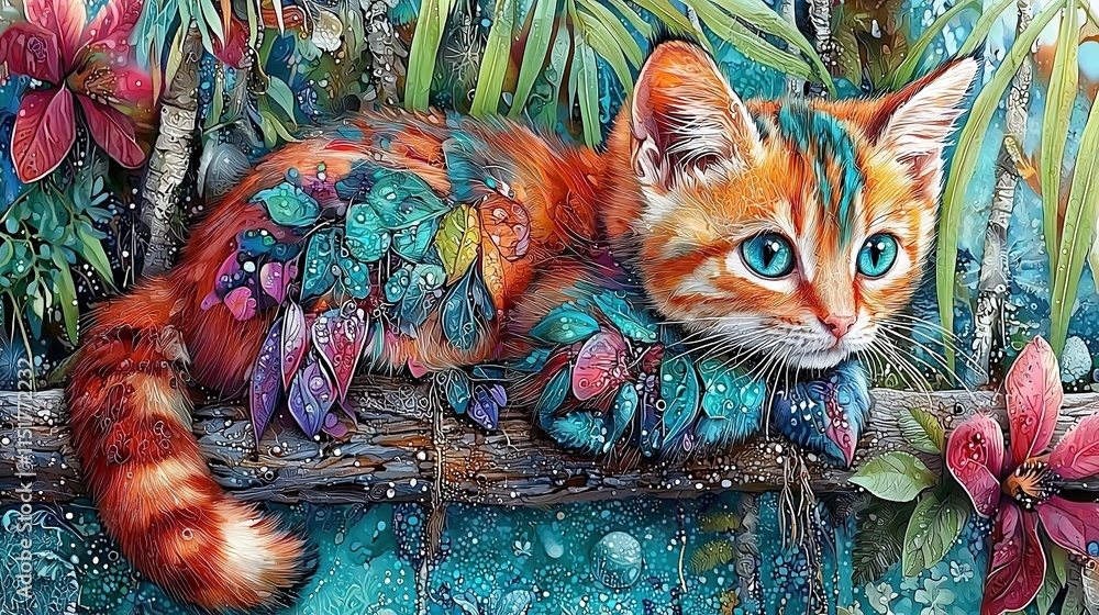Poster a feline lounging on a tree limb with an array of blossoms and foliage beneath