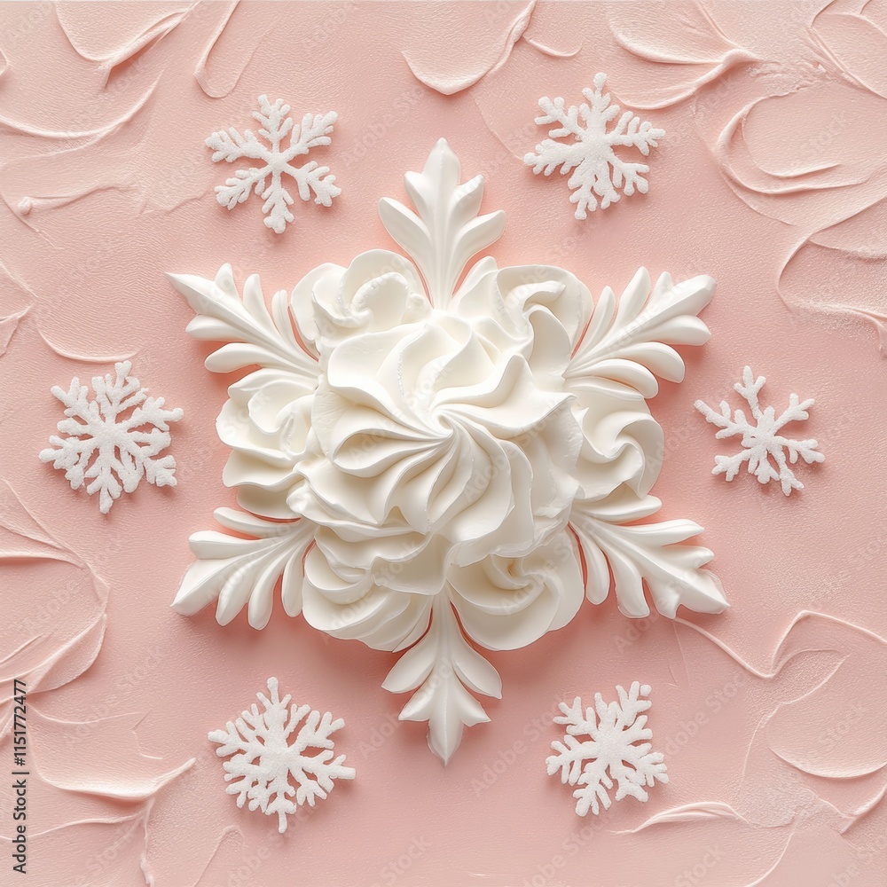 Poster whipped cream shaped like a delicate snowflake, pure white and centered against a matching backgroun