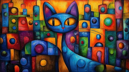   A portrait of a feline resting before an urban landscape filled with geometric shapes
