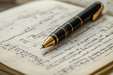 Elegant gold and black pen on antique ledger.
