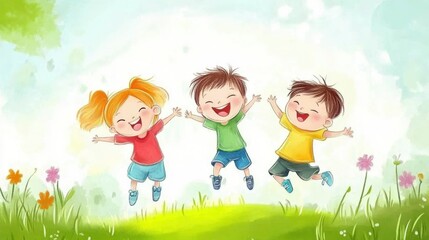 Three Joyful Children Jumping In A Field Of Flowers