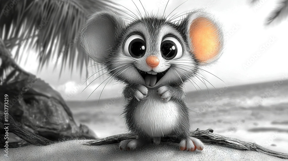 Poster a mouse at the beach under a palm tree with ocean as backdrop
