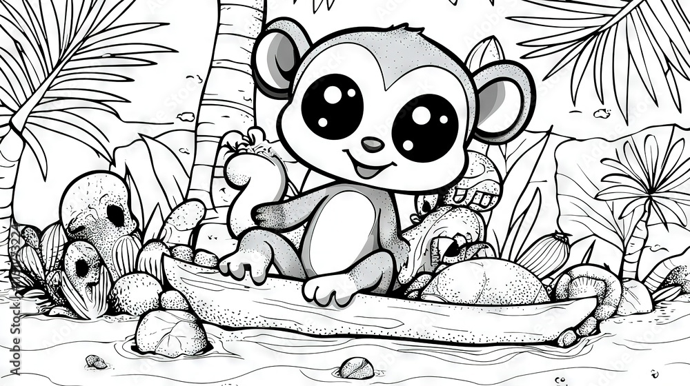 Poster a monkey on a log in the jungle surrounded by palm trees in black and white