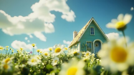 A charming blue house surrounded by a field of daisies under a bright sky.