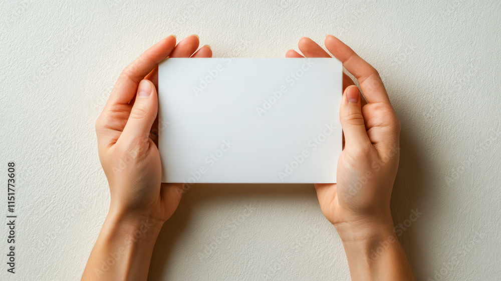 Poster hands holding blank card on neutral background ready for customization or message presentation