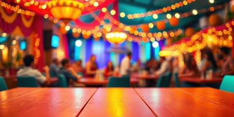 Naklejka premium Empty wooden table at a festive celebration with blurred background of colorful lights and people