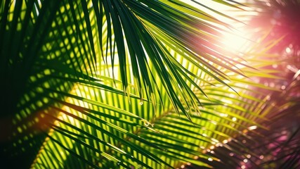 Sunlit Palm Fronds Displaying Vibrant Green Hues and Gentle Light Filtering Through