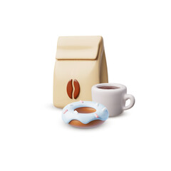 3d illustration with the image of a paper bag with coffee beans, a cup with coffee and a donut.