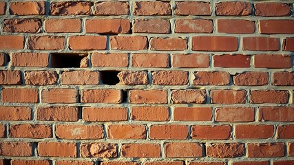 Obraz premium Close-up view of an aged brick wall with several missing bricks revealing the cavity behind