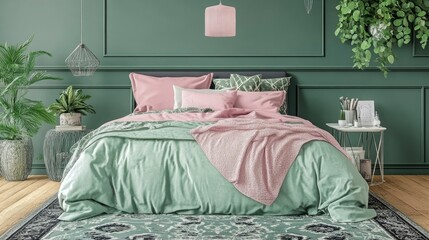 Serene Green Bedroom With Pink Bedding And Plants