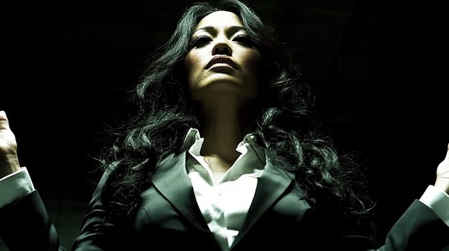 Low-key portrait of a powerful Asian businesswoman with long black hair, wearing a suit and white shirt, hands raised in a confident pose.