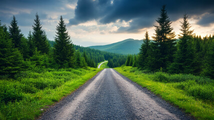 Fototapeta premium Serene Country Road Surrounded by Lush Green Trees in a Beautiful Natural Landscape