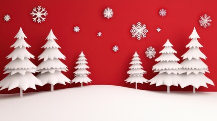 Obraz premium A minimalist 3D winter scene featuring white snow-covered trees arranged on rolling hills against a vibrant red background. Decorative white snowflakes of various sizes are scattered 