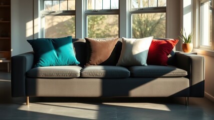 Serene living room with modern sofa and decorative pillows bathed in sunlight