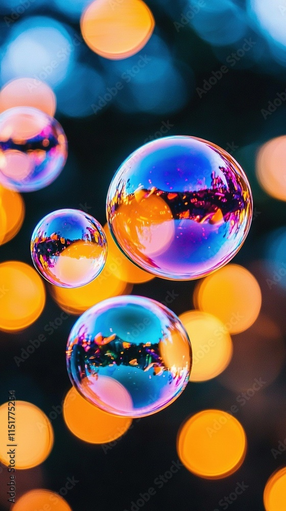 Poster a cluster of clear bubbles floats above a fuzzy depiction of a metropolis backdrop
