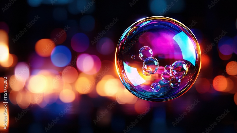 Poster a close-up shot of a soap bubble floating in midair with a hazy background of diffused light