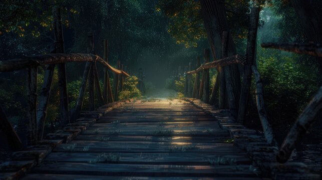 A rustic wooden bridge softly lit by ambient light filtering through the trees