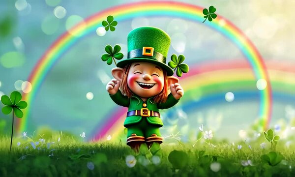 Cheerful leprechaun with clovers and rainbow background, celebrating joyfully on sunny day