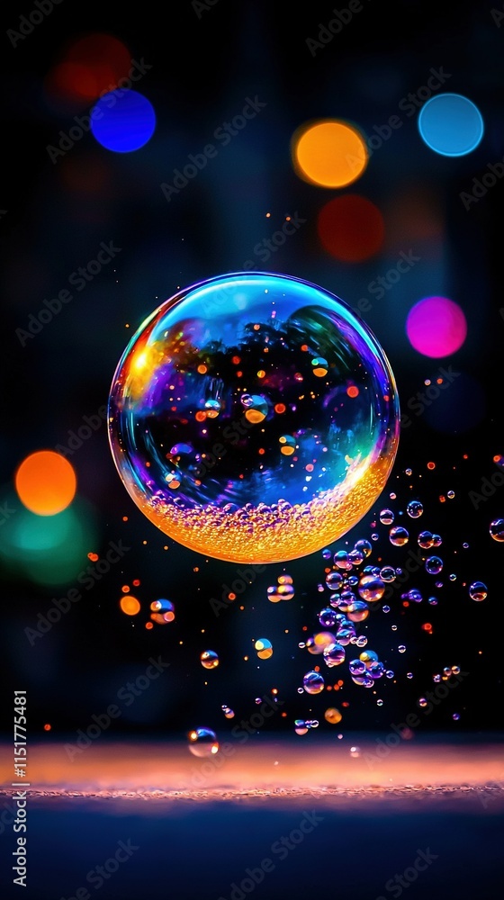Poster a soap bubble floats in the air with multicolored lights in the background against a black backdrop