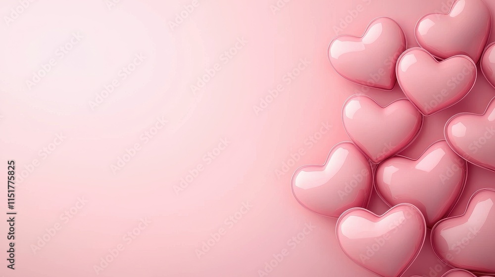 Poster a soft pink background features several shiny, three-dimensional hearts, creating a romantic and pla
