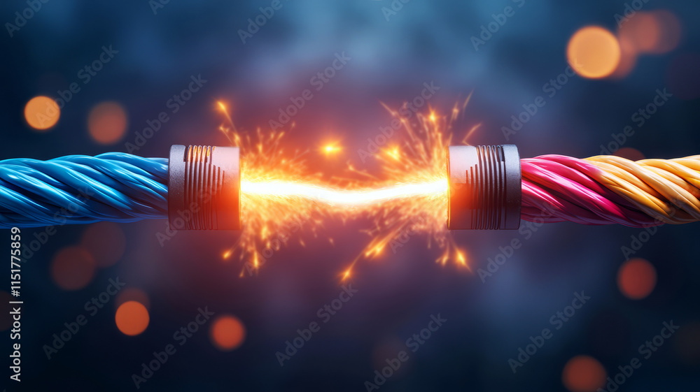 Poster spark of energy between two colorful electric wires creating bright lightning effect