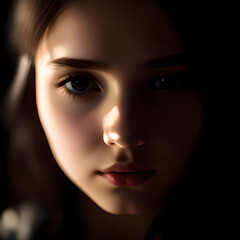 Close-up of a young girl in a yellow dress, smirking playfully with sparkling blue eyes, set against a blurred background.generative ai