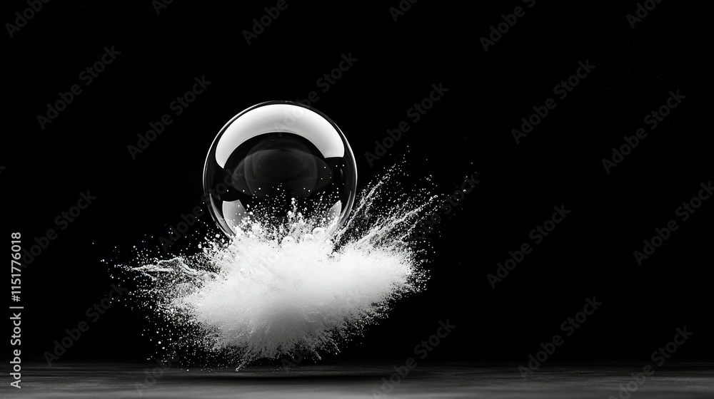 Poster a monochrome picture of a sphere soaring with droplets cascading from its base