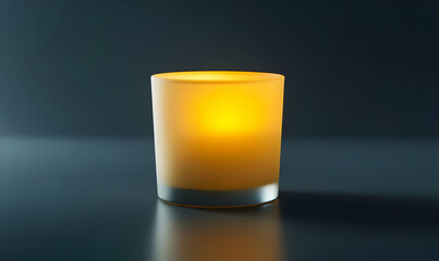 A glowing candle in a frosted glass holder, creating a warm ambiance.