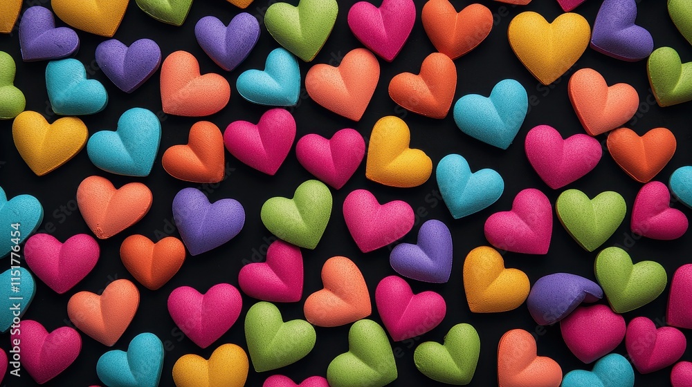 Aufkleber a vibrant array of colorful heart-shaped decorations scattered on a dark surface, creating a playful