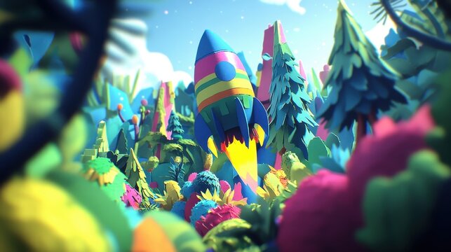 Colorful Rocket Launching Over a Paper Landscape - Powered by Adobe