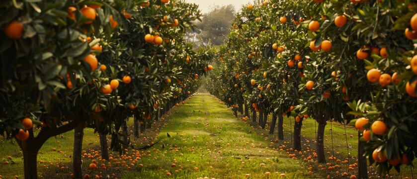 An orange grove scene shows diverse trees, fallen oranges, and a sunny, inviting ambiance in the countryside, evoking tranquility and vibrancy.
