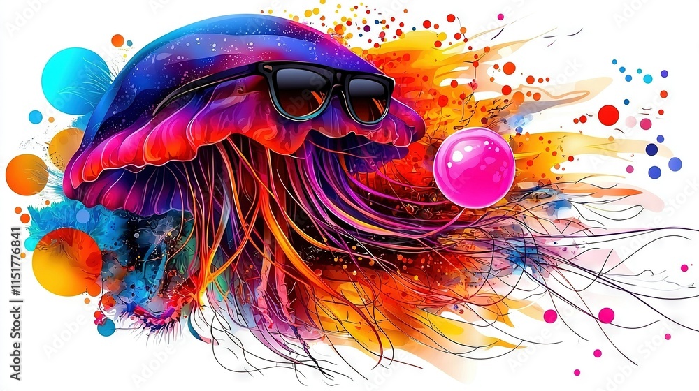 Poster a colorful image of a jellyfish wearing sunglasses on its head and blowing a bubble from its mouth, 