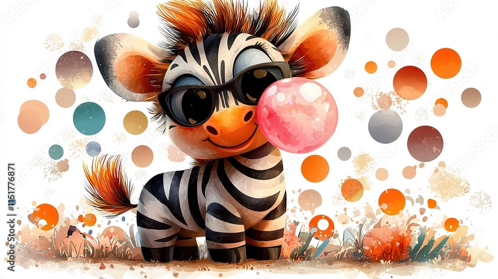 Poster a painting of a zebra with a bubble in its mouth and a bubble in front of it