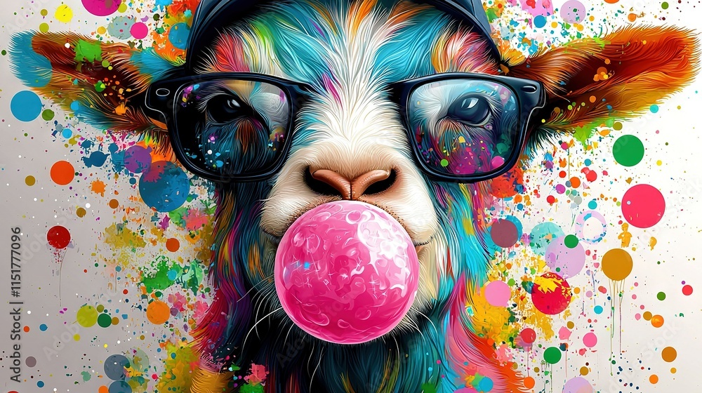Poster a portrait of a cow adorned with spectacles and displaying an air bubble within its mouth alongside 