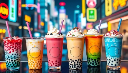 A collection of colorful bubble teas in transparent plastic cups, each featuring vibrant tapioca pearls, jelly cubes, and playful toppings like whipped cream and sprinkles
