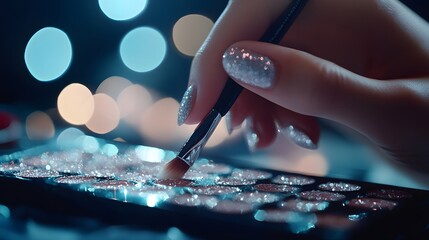 A close-up of a hand applying makeup with a brush on a glittery palette, emphasizing beauty and artistry.