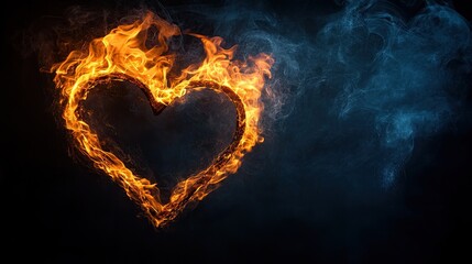 A burning heart with copy space on a black background 
