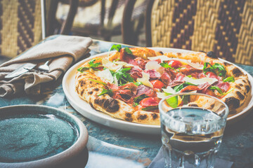 Bresaola Pizza with  Naples crust and South Italian Tomato sauce, Italian mozzarella fior di latte...