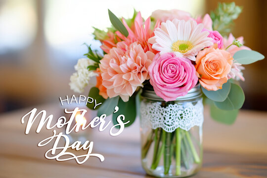 Beautiful Vibrant Flower Bouquet in Mason Jar for Mother's Day Celebration and Decoration