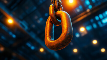 Close-up of a Rusty Metal Chain Link Hanging in an Industrial Environment with Dim Lighting