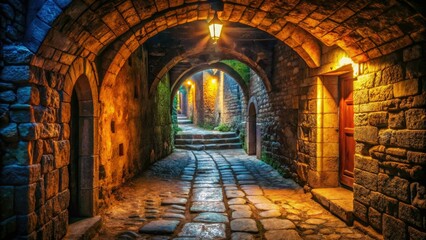 Fototapeta premium Explore a historic structure through stunning AI-generated photographs of an ancient passageway.