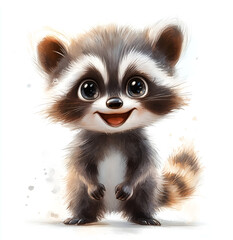 Obraz premium illustration of a raccoon's head, with a happy expression, in a clip art style, on a white background. 