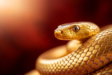 Obraz premium Glimmering Golden Snake Coiled Elegantly Against a Soft Warm Background