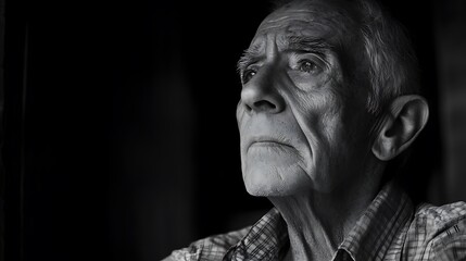Obraz premium Close-up Black and White Portrait of an Elderly Man Looking Up