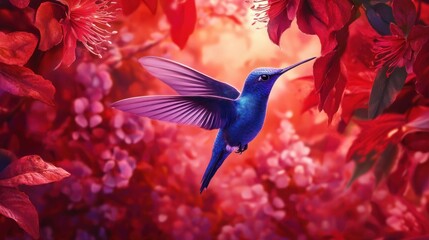 Vibrant hummingbird in flight amidst red flowers.