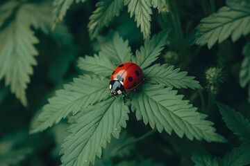 Fototapeta premium A ladybug resting on green leaves, showcasing nature's beauty and biodiversity.